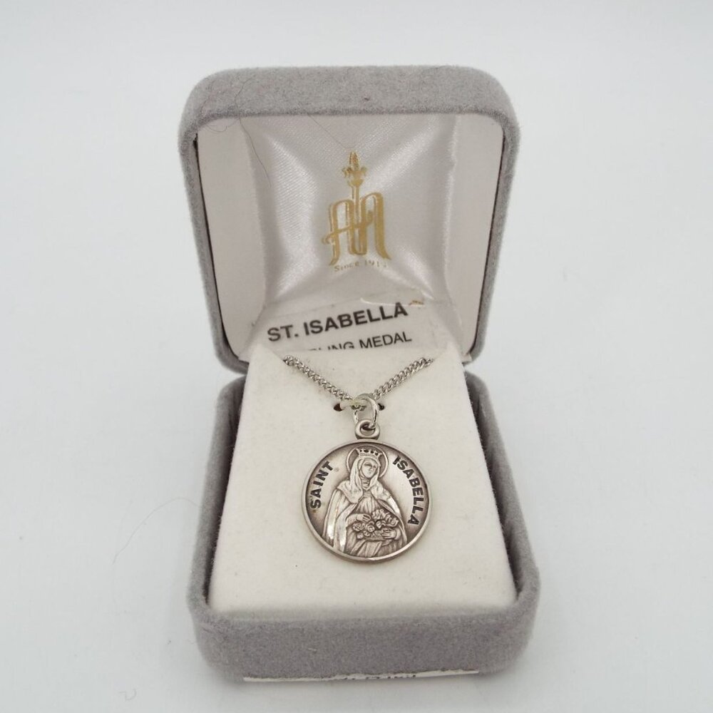 Vintage HMH St. Isabella Sterling Medal Pendant Necklace 18" with Original Box